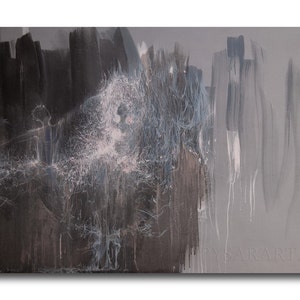 May include: Abstract painting with a dark, textured left side transitioning to a lighter gray on the right. White and blue brushstrokes create a central, ethereal form. The artwork has a modern, artistic feel.