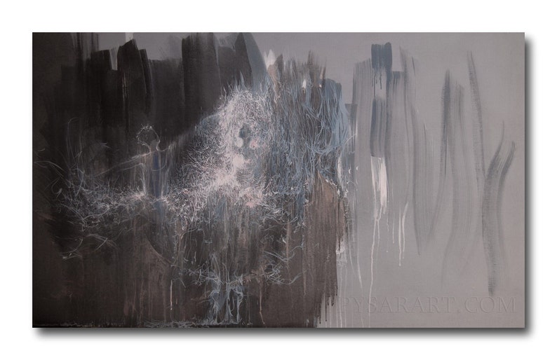 May include: Abstract painting with a dark, textured left side transitioning to a lighter gray on the right. White and blue brushstrokes create a central, ethereal form. The artwork has a modern, artistic feel.