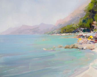 Pintura al óleo original del mar de Brela, Croacia. Obra de arte de playa. Arte mural del mar Adriático. Óleo sobre lienzo pequeño pintado a mano. Decoración costera de bellas artes.