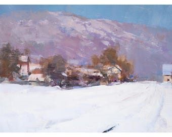 Dipinto originale a olio di paesaggio di montagne invernali, opera d'arte unica della natura per l'arredamento della casa, scena invernale serena, arte su tela
