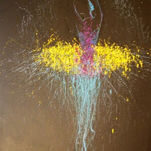 May include: An abstract painting of a ballerina in a dynamic pose. The figure is rendered in outline with a pink and yellow tutu, set against a dark background. Splatter effects in yellow, white, and blue add movement.