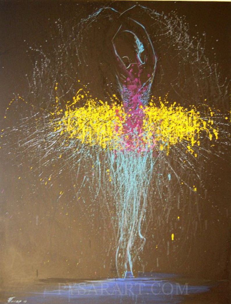 May include: An abstract painting of a ballerina in a dynamic pose. The figure is rendered in outline with a pink and yellow tutu, set against a dark background. Splatter effects in yellow, white, and blue add movement.