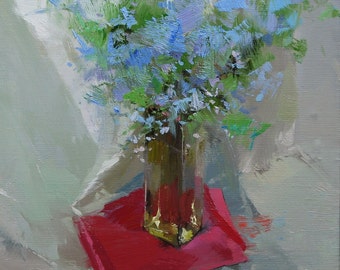 Pintura azul Pintura floral en lienzo, Ramo de flores, Pintura al óleo moderna, Pintura de naturaleza muerta