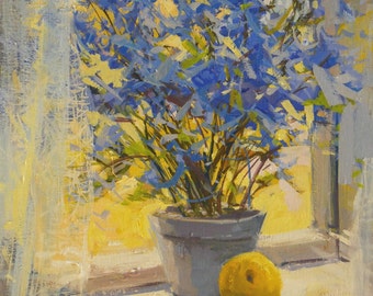 Yellow Blue Flowers Painting Print - Floral Canvas Art Yellow Blue Wall Art Giclee Print