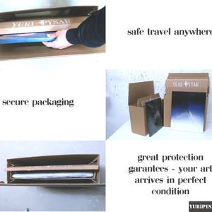 May include: Cardboard boxes with artwork inside, labeled "YURI PYSAR". The boxes are shown in various stages of packaging, with text that reads "safe travel anywhere", "secure packaging", and "great protection guarantees - your art arrives in perfect condition".