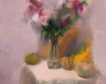 Bodegones originales de mediados de siglo, pintura abstracta de flores al óleo sobre lienzo, regalo de aniversario «Tarde con lilas».