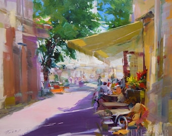 Stretched Wall Art Modern Print, Cityscape Painting Print Impressionist Art Colorful Canvas Print, Giclee City Cafe