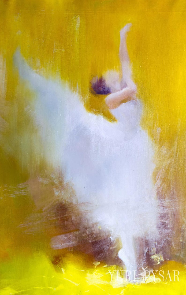 Yellow Large Giclee Print, Figurative Wall Art, Ballerina in White Art image 1