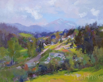 May include: An oil painting of a mountain landscape featuring rolling green hills, dense patches of dark green and brown trees, and a winding dirt path. A large, hazy mountain peak sits in the distance under a cloudy blue sky. YURI PYSAR is signed.