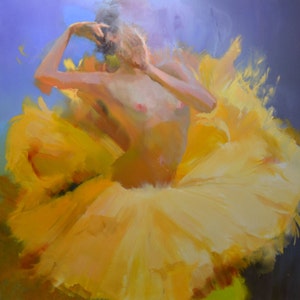 Oversized painting of ballerina art original, Extra large painting Contemporary Art Woman Oil painting 2 m, Yellow painting image 1