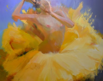 Oversized painting of ballerina art original, Extra large painting Contemporary Art Woman Oil painting 2 m, Yellow painting