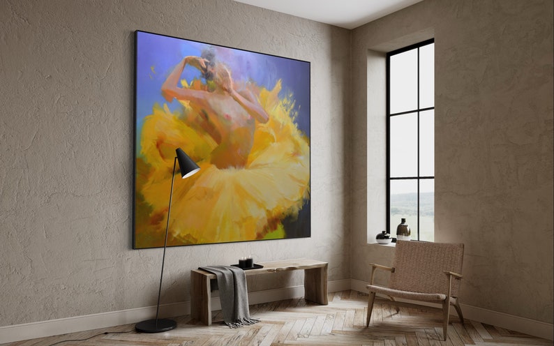 Oversized painting of ballerina art original, Extra large painting Contemporary Art Woman Oil painting 2 m, Yellow painting image 5