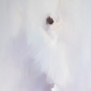May include: An abstract painting of a figure in a white dress, with arms raised. The figure is blurred, with a dark head and a flowing white skirt. The background is a soft, light white.