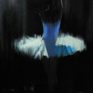 May include: An oil painting of a ballerina in a blue and white tutu against a dark background. The dancer's silhouette is visible, with the focus on the tutu and the graceful pose. The painting has a dramatic, artistic feel.