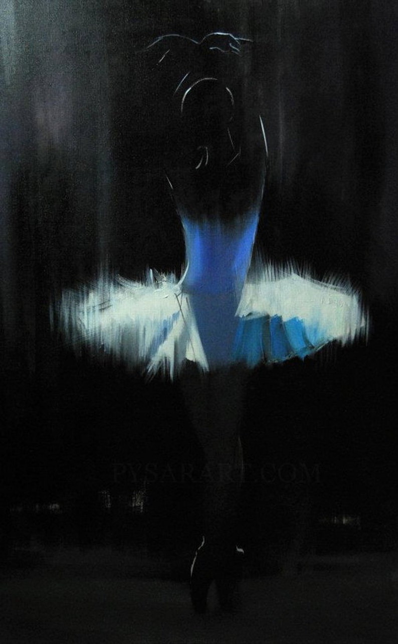 May include: An oil painting of a ballerina in a blue and white tutu against a dark background. The dancer's silhouette is visible, with the focus on the tutu and the graceful pose. The painting has a dramatic, artistic feel.