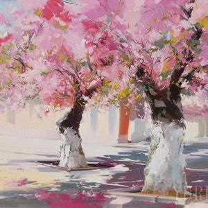 Pink Canvas Art, Modern Impressionist Landscape Art Print, Beautiful Wall Art Print Landscape Print, Trees in Blossom Spring Print