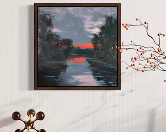 Pintura al óleo de paisaje de río al atardecer, arte mural impresionista original de la naturaleza