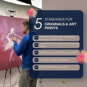 May include: An artist working on a painting of a dancer. The image includes a graphic listing five standards for original art prints: ready to hang, signed, certificate of authenticity, tracking number, and satisfaction guarantee.