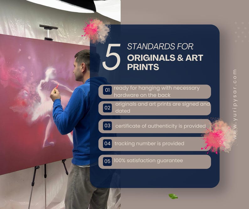 May include: An artist working on a painting of a dancer. The image includes a graphic listing five standards for original art prints: ready to hang, signed, certificate of authenticity, tracking number, and satisfaction guarantee.