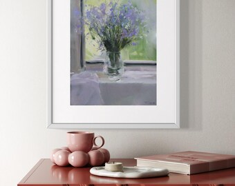 Pequeña pintura al óleo floral, obra de arte original de flores de campo, arte impresionista en lienzo de un pequeño ramo azul, regalo de cumpleaños hecho a mano para ella.