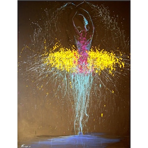 May include: Abstract painting of a dancer in motion. The figure is depicted with splashes of yellow, pink, and blue paint against a dark brown background. The artwork evokes a sense of movement and energy.