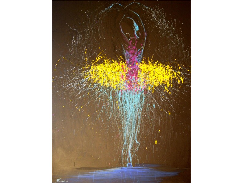 May include: Abstract painting of a dancer in motion. The figure is depicted with splashes of yellow, pink, and blue paint against a dark brown background. The artwork evokes a sense of movement and energy.