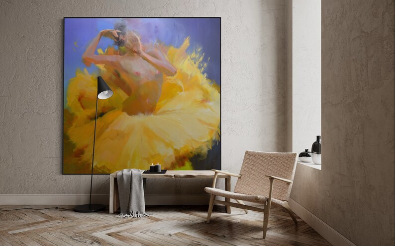 Oversized painting of ballerina art original, Extra large painting Contemporary Art Woman Oil painting 2 m, Yellow painting image 4