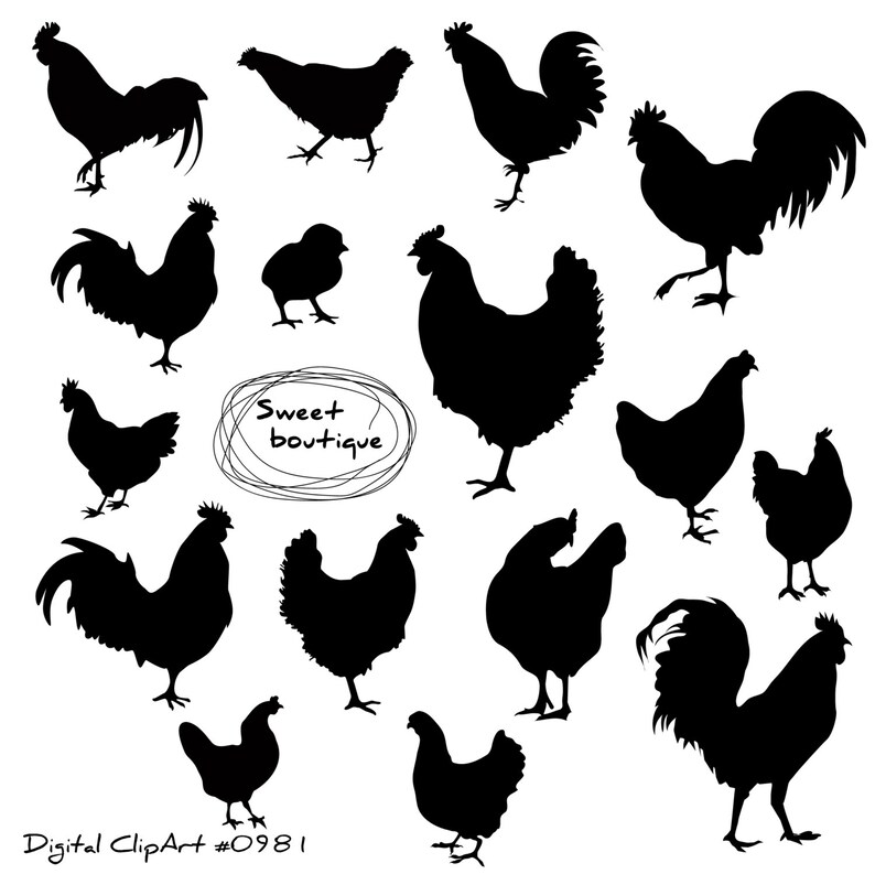 Chicken Clipart Farm animals Rooster silhouette Silhouettes | Etsy