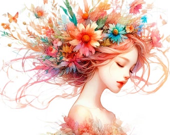 Girl Bloomed, Instant Download Wall Art, Digital Art Image, Surreal, Fantasy, Girl, Flowers, Hair, Beauty