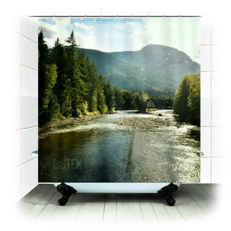 Fabric Shower Curtain home bathroom landscape river forest wilderness woodlands mountains bridge Photography rustic decor