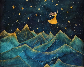 Touching the Stars, Instant Download Wall Art, Digital Art Image, Surreal, Fantasy, Girl, Moon, Stars, Space