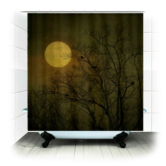 Fabric Shower Curtain Dark Night Birds Full Moon Stars Etsy
