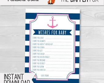 Pink Nautical Wishes for Baby Cards Baby Shower games - Navy and Pink printable - Baby Girl Nautical Baby Shower Preppy Sailor Anchor