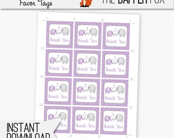 Favor Tag Purple Elephant Baby Shower Thank You card - printable digital - Polka Dot Baby Girl Purple and Grey Cute thankyou note