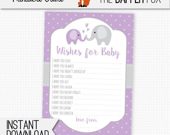 Purple Elephant Wishes for Baby Cards Baby Shower games - printable - Baby Girl Polka Dot Baby Shower Purple and Grey Cute Elephant