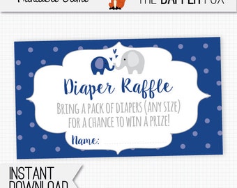 Diaper Raffle Navy Elephant Raffle Ticket Baby Shower insert card - printable - Gender Neutral Baby Boy Navy Blue and Grey Cute Elephant