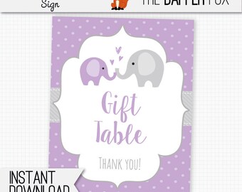 Gift Table Sign Baby Shower Purple Elephant - printable digital - Polka Dot Baby Girl Purple and Grey Elephant baby shower decor 8x10