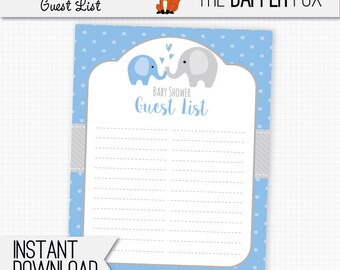 Baby Shower Guest List Blue Elephant - printable guestlist - Polka Dot Baby Boy Blue and Grey Cute Elephant baby shower 8x10