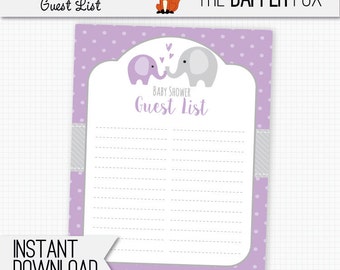 Baby Shower Guest List Purple Elephant - printable guestlist - Polka Dot Baby Girl Purple and Grey Cute Elephant baby shower 8x10