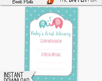 Book Plate Pink Elephant Bring A Book Baby Shower - printable bookplate book label - Baby's First Library Baby Girl Pink and Teal