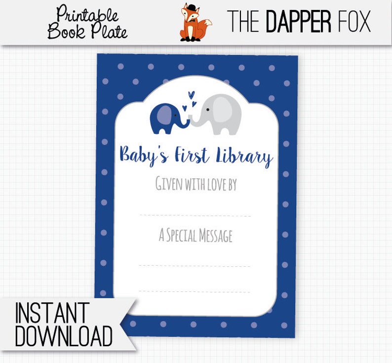 Book Plate Navy Elephant Bring A Book Baby Shower printable bookplate book label Baby's First Library Baby Boy Navy Blue and Grey image 1