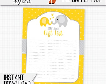 Baby Shower Gift List Yellow Elephant - printable digital giftlist - Gender Neutral Girl Boy Yellow and Grey Elephant baby shower 8x10