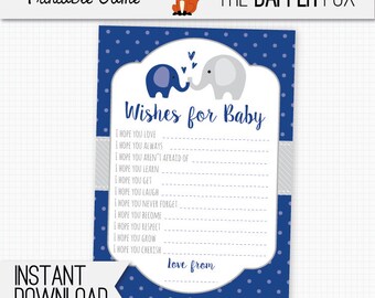 Wishes for Baby Cards Navy Elephant Baby Shower games - printable - Baby Boy Gender Neutral Blue and Grey Baby Shower Cute Elephant
