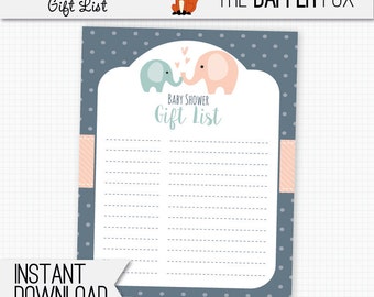 Baby Shower Gift List Navy Elephant - printable digital giftlist - Gender Neutral Girl Boy Navy Peach Teal Elephant baby shower 8x10