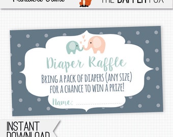 Diaper Raffle Navy Elephant Raffle Ticket Baby Shower insert card - printable - Gender Neutral Girl Boy Navy Peach Teal Cute Elephant