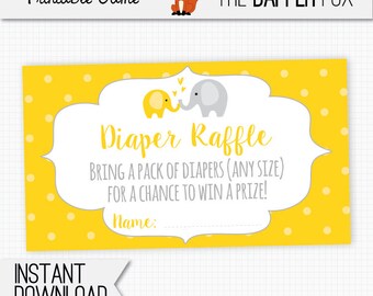 Diaper Raffle Yellow Elephant Raffle Ticket Baby Shower insert card - printable - Gender Neutral Girl Boy Yellow and Grey Cute Elephant