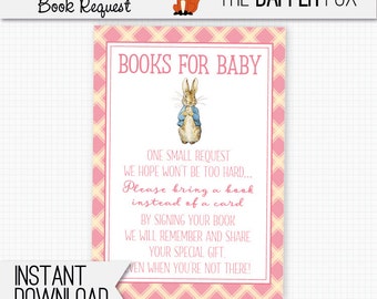 Peter Rabbit Book Request Bring A Book Baby Shower insert card - printable - Beatrix Potter Books for Baby insert Baby Girl Pink