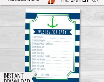 Nautical Wishes for Baby Cards Baby Shower games - Navy and Green printable - Boy Girl Neutral Nautical Baby Shower Preppy Sailor Anchor