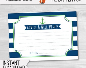 Nautical Baby Shower games Advice Cards - printable - Navy and Green Advice and wishes for baby preppy neutral baby shower game boy