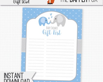 Baby Shower Gift List Blue Elephant - printable digital giftlist - Polka Dot Baby Boy Blue and Grey Cute Elephant baby shower 8x10